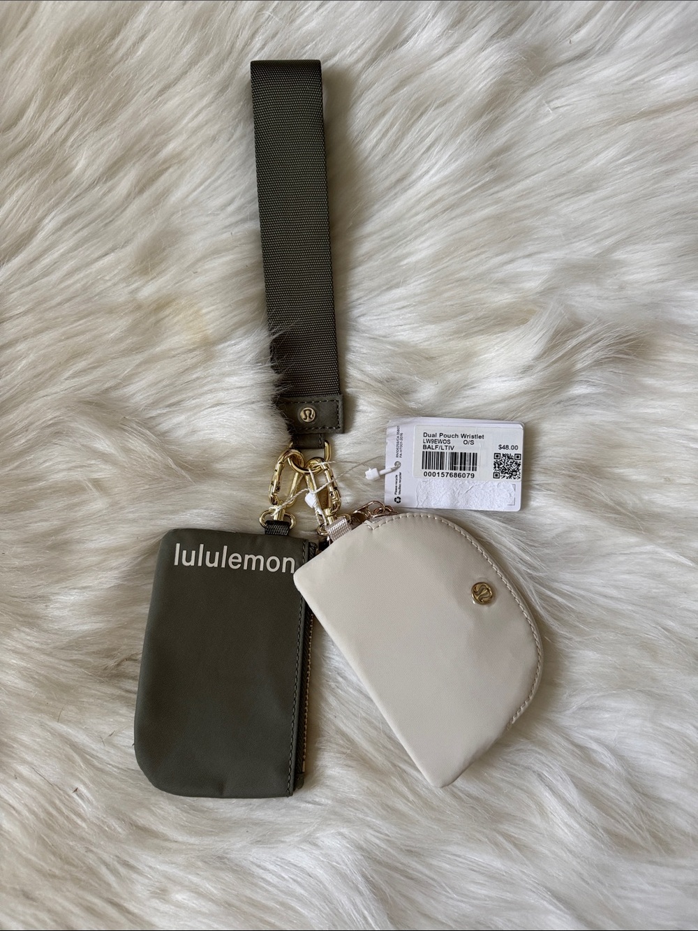 Lululemon Dual Pouch Wristlet Bay Leaf Light Ivory Gold Hardware NWT